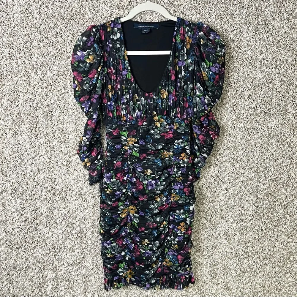 French Connection Dress Womens 2 Zelka Alanna Jersey Colorful Ruched Long Sleeve